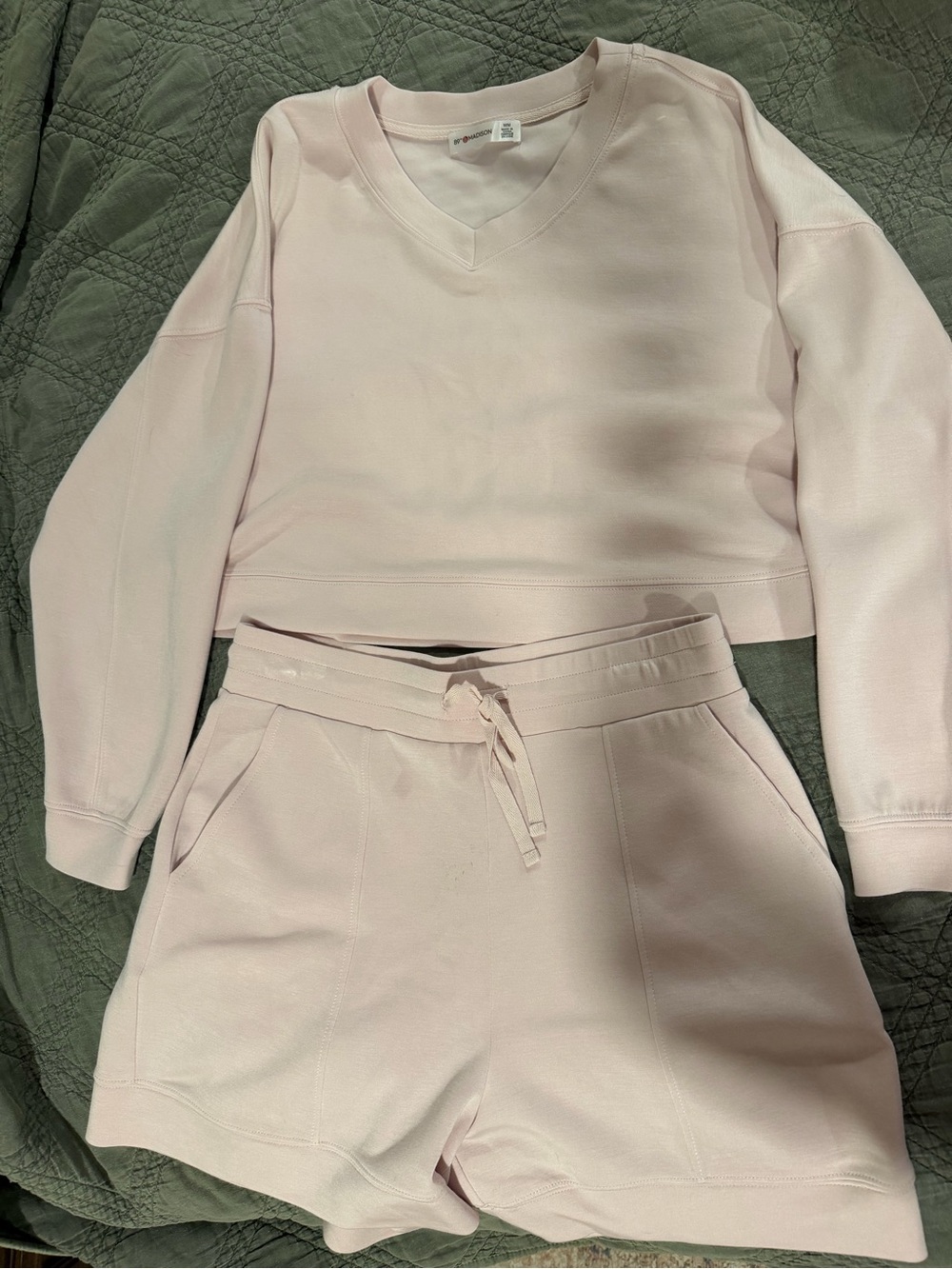 Women's Pink Lounge Shorts and V-Neck Sweatshirt Set scuba material